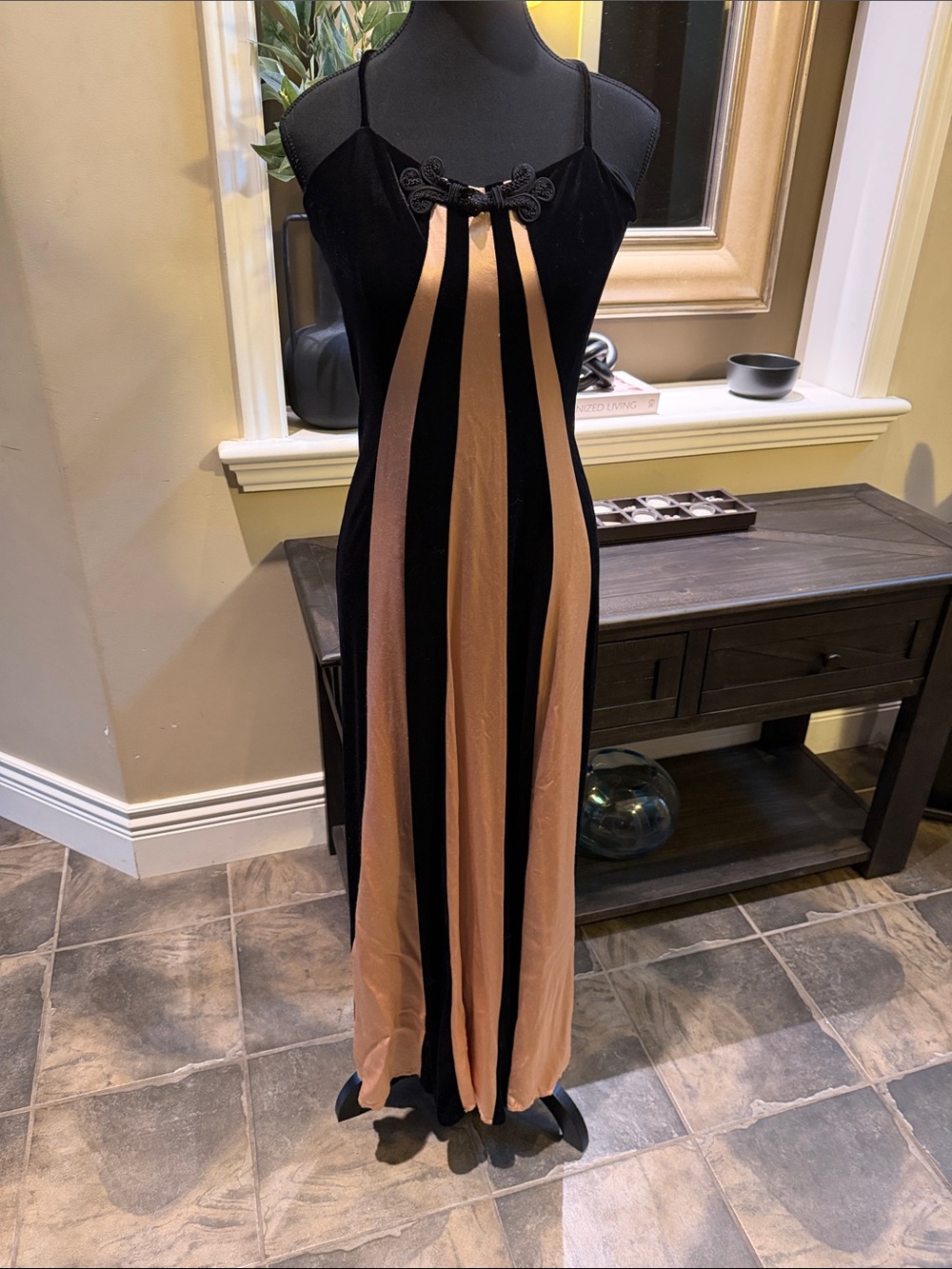 Vintage Joseph Ribkoff Black & Gold Vertical-Pane Dress w/ Spaghetti Straps